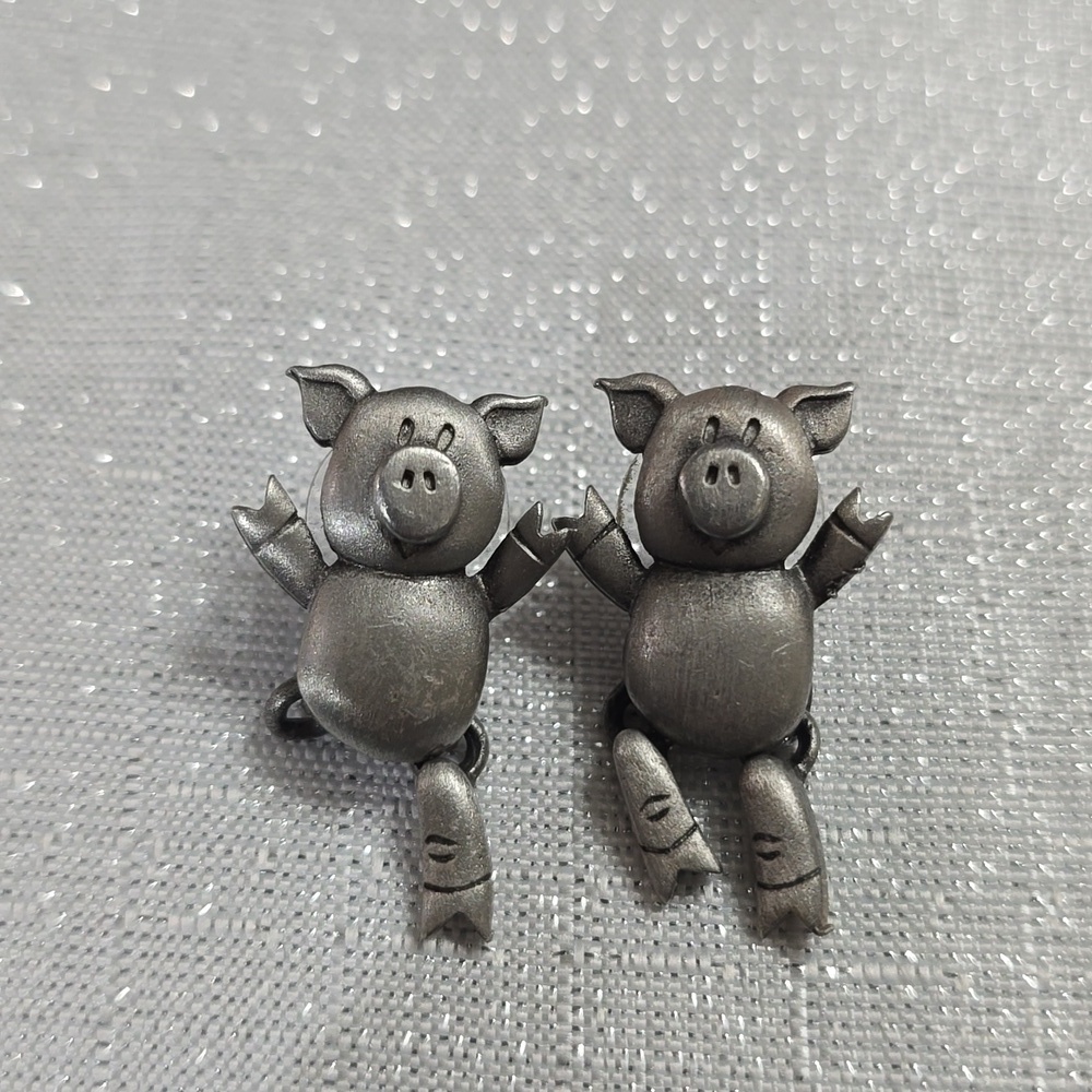 JJ Jonette Silver Tone Pig Vintage Figural Earrings